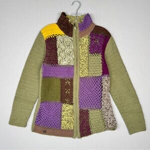 VTG ROCKFORD Patchwork Crochet Colorblock Cardigan Sweater Zip Front S Green Y2K